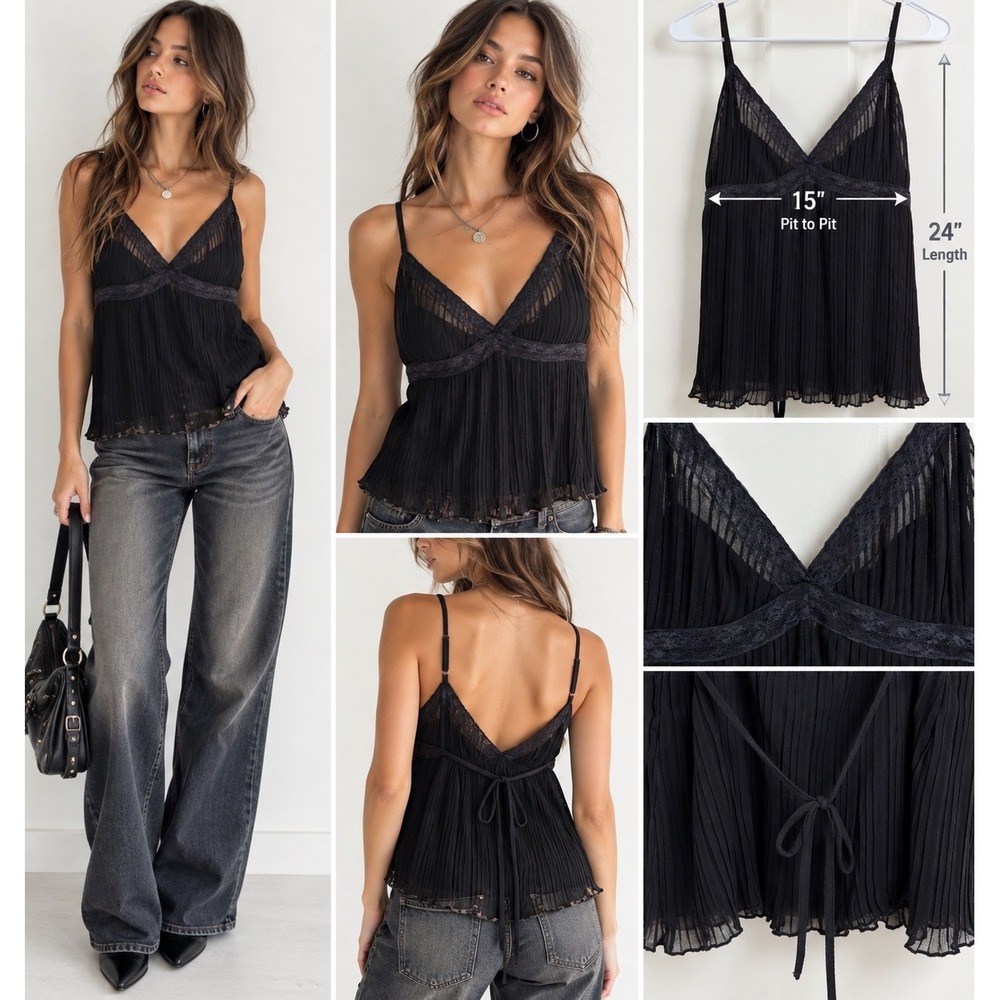 GUESS Jeans Y2K Black Babydoll Cami Large Lace Pleated Lingerie Going Out Top